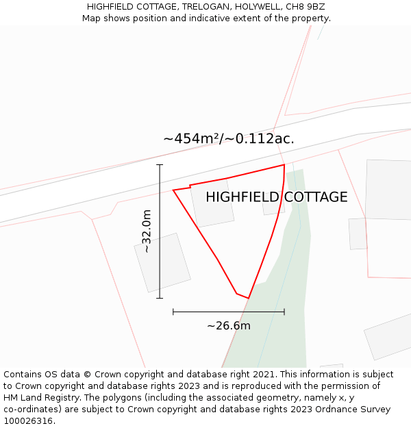 HIGHFIELD COTTAGE, TRELOGAN, HOLYWELL, CH8 9BZ: Plot and title map