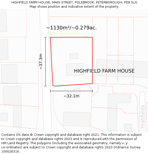 HIGHFIELD FARM HOUSE, MAIN STREET, POLEBROOK, PETERBOROUGH, PE8 5LN: Plot and title map