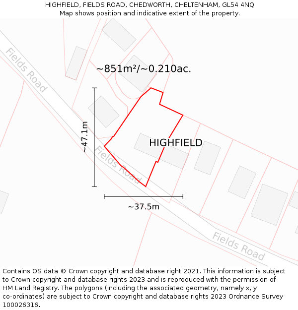 HIGHFIELD, FIELDS ROAD, CHEDWORTH, CHELTENHAM, GL54 4NQ: Plot and title map