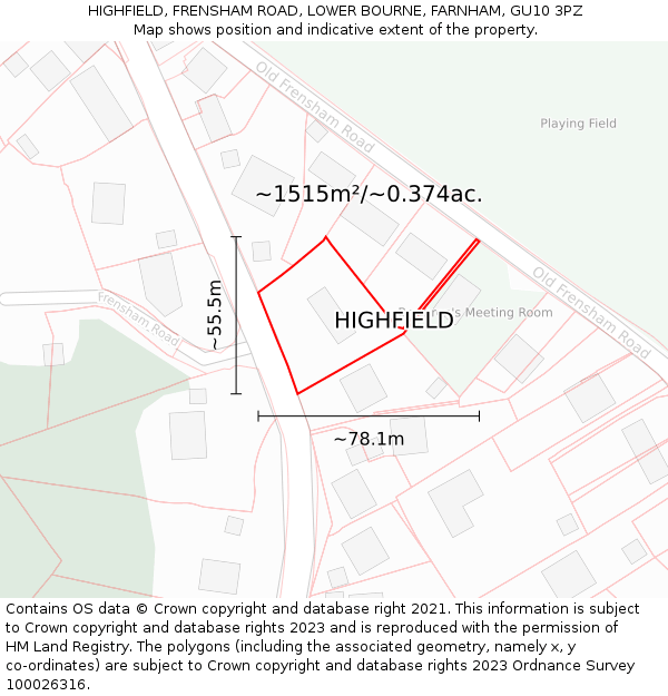 HIGHFIELD, FRENSHAM ROAD, LOWER BOURNE, FARNHAM, GU10 3PZ: Plot and title map