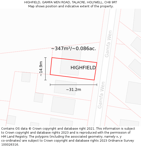 HIGHFIELD, GAMFA WEN ROAD, TALACRE, HOLYWELL, CH8 9RT: Plot and title map