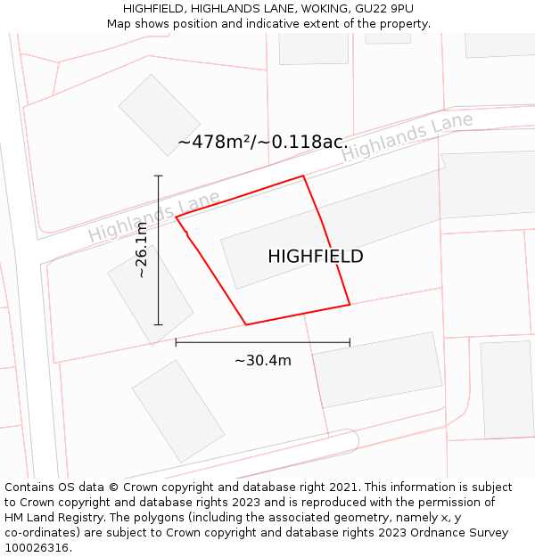 HIGHFIELD, HIGHLANDS LANE, WOKING, GU22 9PU: Plot and title map