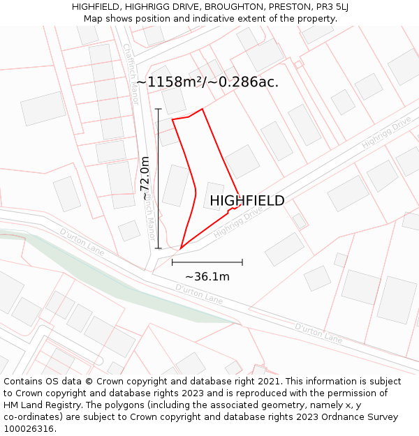 HIGHFIELD, HIGHRIGG DRIVE, BROUGHTON, PRESTON, PR3 5LJ: Plot and title map