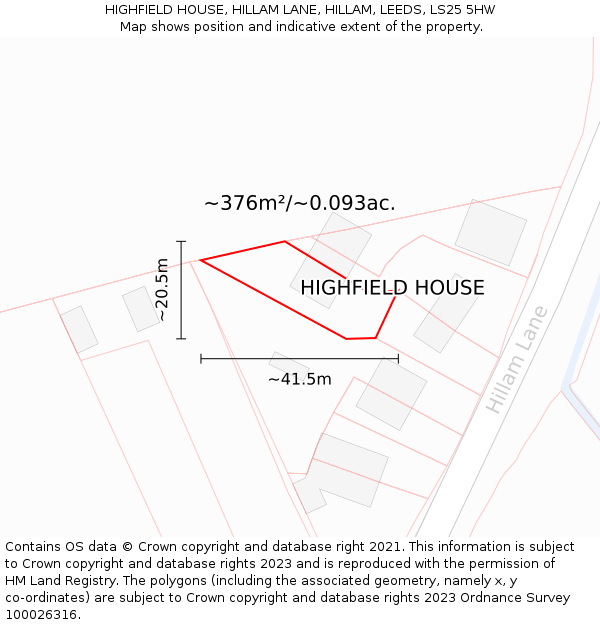 HIGHFIELD HOUSE, HILLAM LANE, HILLAM, LEEDS, LS25 5HW: Plot and title map