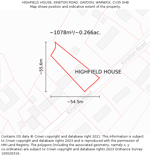 HIGHFIELD HOUSE, KINETON ROAD, GAYDON, WARWICK, CV35 0HB: Plot and title map