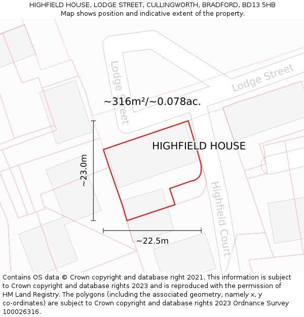 HIGHFIELD HOUSE, LODGE STREET, CULLINGWORTH, BRADFORD, BD13 5HB: Plot and title map