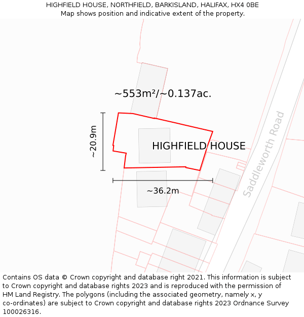 HIGHFIELD HOUSE, NORTHFIELD, BARKISLAND, HALIFAX, HX4 0BE: Plot and title map