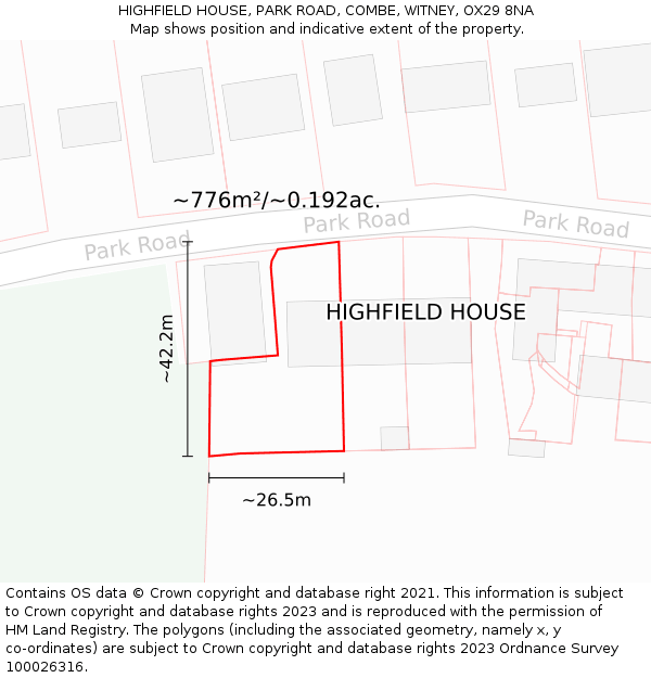 HIGHFIELD HOUSE, PARK ROAD, COMBE, WITNEY, OX29 8NA: Plot and title map