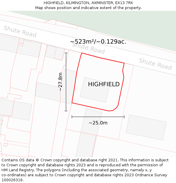 HIGHFIELD, KILMINGTON, AXMINSTER, EX13 7RX: Plot and title map