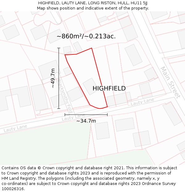 HIGHFIELD, LAUTY LANE, LONG RISTON, HULL, HU11 5JJ: Plot and title map