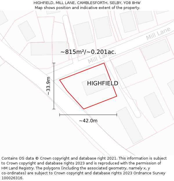 HIGHFIELD, MILL LANE, CAMBLESFORTH, SELBY, YO8 8HW: Plot and title map