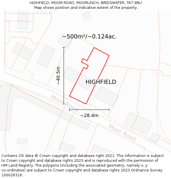 HIGHFIELD, MOOR ROAD, MOORLINCH, BRIDGWATER, TA7 9BU: Plot and title map
