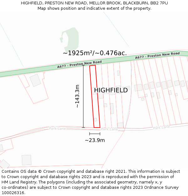 HIGHFIELD, PRESTON NEW ROAD, MELLOR BROOK, BLACKBURN, BB2 7PU: Plot and title map