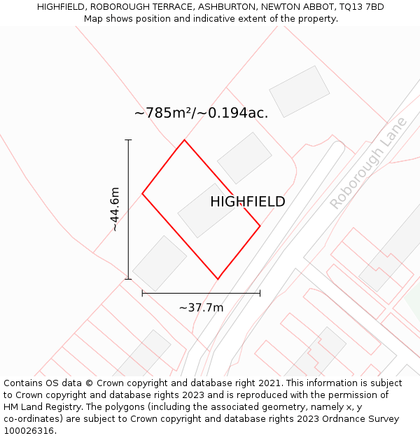 HIGHFIELD, ROBOROUGH TERRACE, ASHBURTON, NEWTON ABBOT, TQ13 7BD: Plot and title map