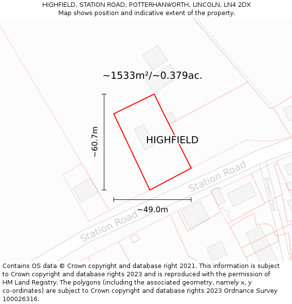HIGHFIELD, STATION ROAD, POTTERHANWORTH, LINCOLN, LN4 2DX: Plot and title map