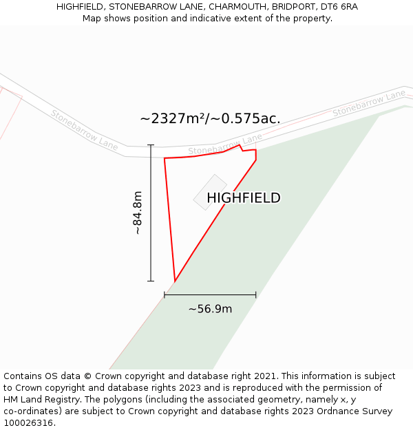 HIGHFIELD, STONEBARROW LANE, CHARMOUTH, BRIDPORT, DT6 6RA: Plot and title map