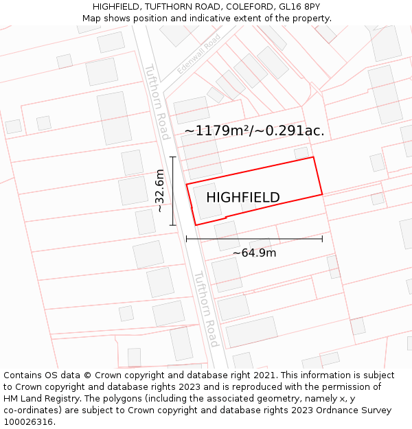 HIGHFIELD, TUFTHORN ROAD, COLEFORD, GL16 8PY: Plot and title map