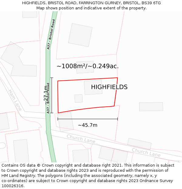 HIGHFIELDS, BRISTOL ROAD, FARRINGTON GURNEY, BRISTOL, BS39 6TG: Plot and title map