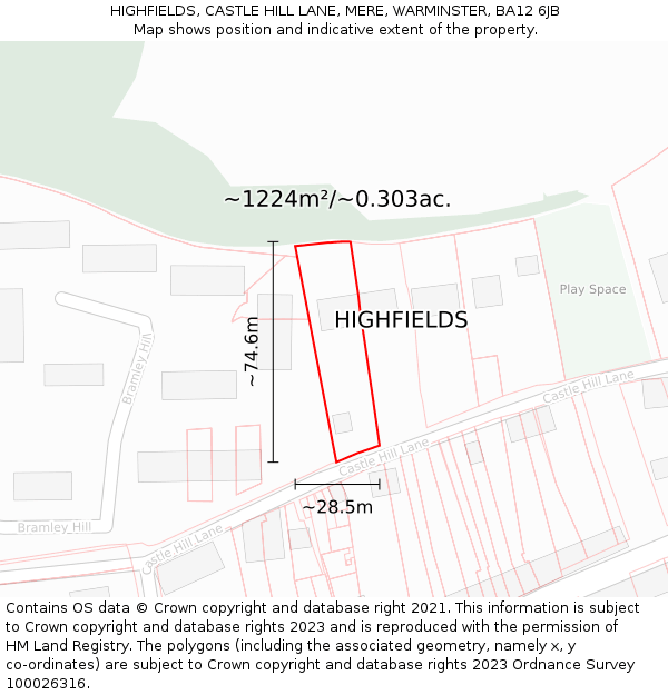 HIGHFIELDS, CASTLE HILL LANE, MERE, WARMINSTER, BA12 6JB: Plot and title map