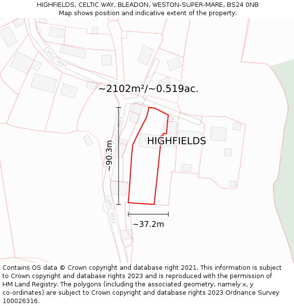 HIGHFIELDS, CELTIC WAY, BLEADON, WESTON-SUPER-MARE, BS24 0NB: Plot and title map