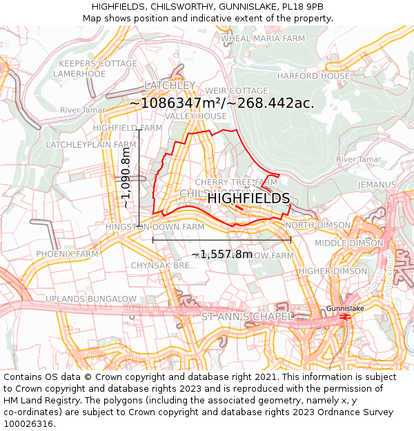 HIGHFIELDS, CHILSWORTHY, GUNNISLAKE, PL18 9PB: Plot and title map