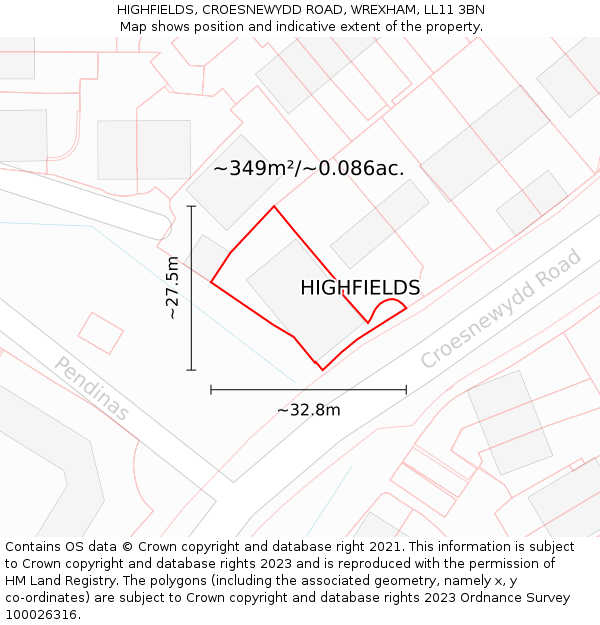 HIGHFIELDS, CROESNEWYDD ROAD, WREXHAM, LL11 3BN: Plot and title map