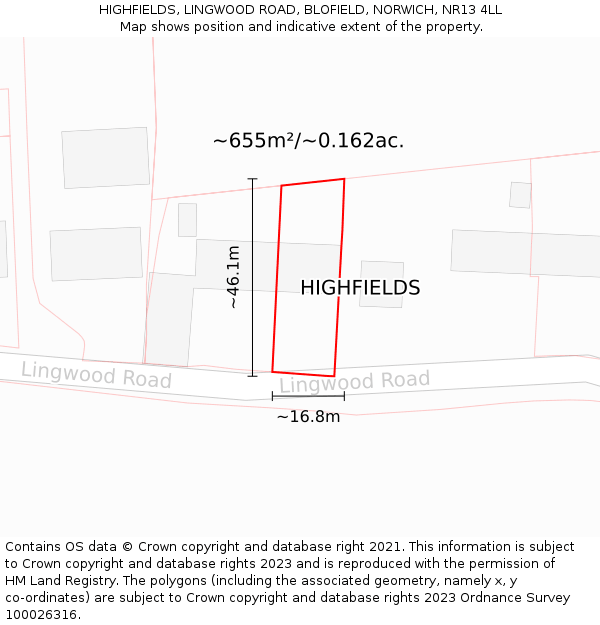 HIGHFIELDS, LINGWOOD ROAD, BLOFIELD, NORWICH, NR13 4LL: Plot and title map
