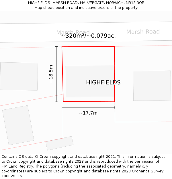HIGHFIELDS, MARSH ROAD, HALVERGATE, NORWICH, NR13 3QB: Plot and title map