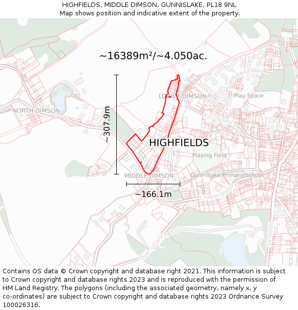 HIGHFIELDS, MIDDLE DIMSON, GUNNISLAKE, PL18 9NL: Plot and title map