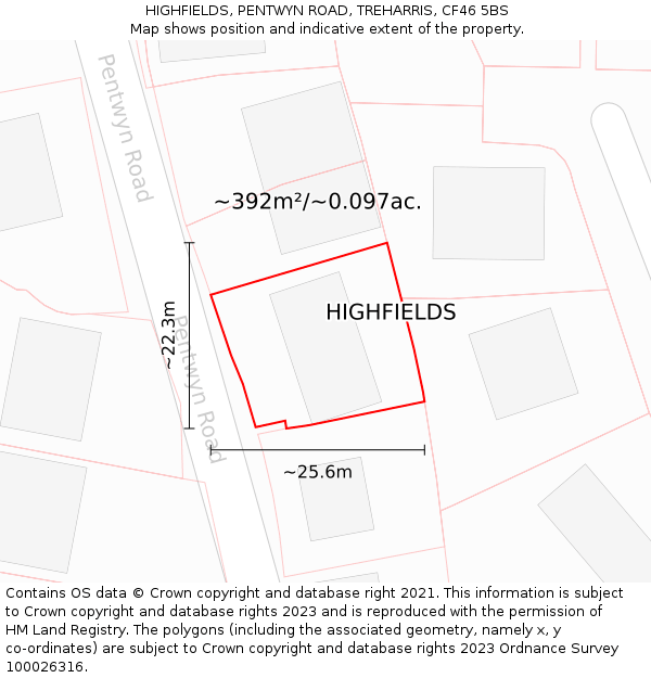 HIGHFIELDS, PENTWYN ROAD, TREHARRIS, CF46 5BS: Plot and title map