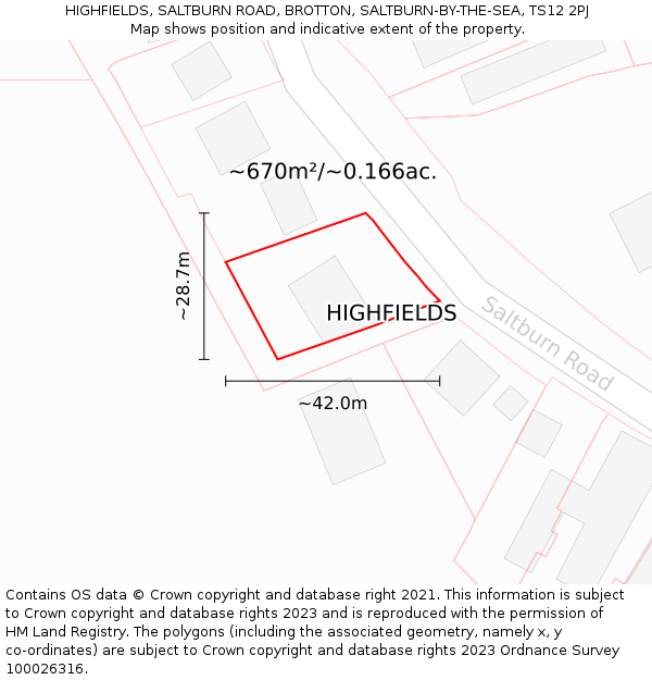 HIGHFIELDS, SALTBURN ROAD, BROTTON, SALTBURN-BY-THE-SEA, TS12 2PJ: Plot and title map
