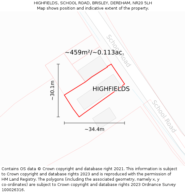 HIGHFIELDS, SCHOOL ROAD, BRISLEY, DEREHAM, NR20 5LH: Plot and title map