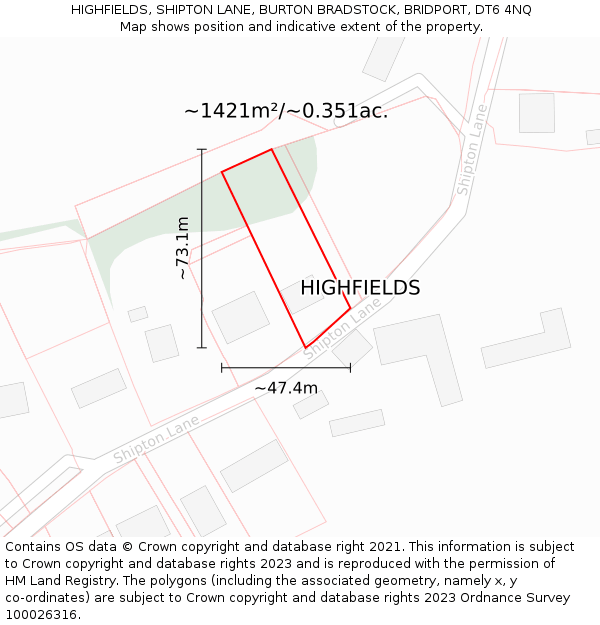HIGHFIELDS, SHIPTON LANE, BURTON BRADSTOCK, BRIDPORT, DT6 4NQ: Plot and title map