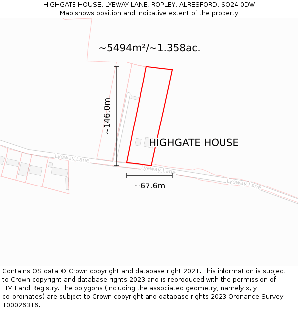 HIGHGATE HOUSE, LYEWAY LANE, ROPLEY, ALRESFORD, SO24 0DW: Plot and title map