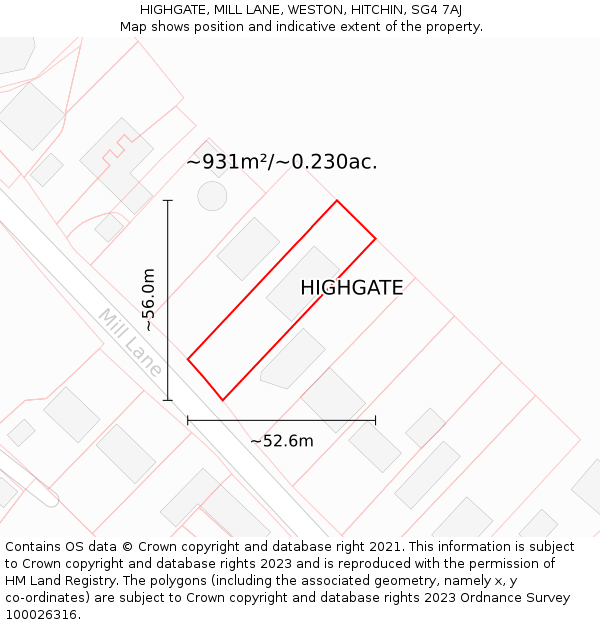 HIGHGATE, MILL LANE, WESTON, HITCHIN, SG4 7AJ: Plot and title map