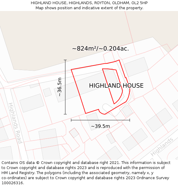 HIGHLAND HOUSE, HIGHLANDS, ROYTON, OLDHAM, OL2 5HP: Plot and title map