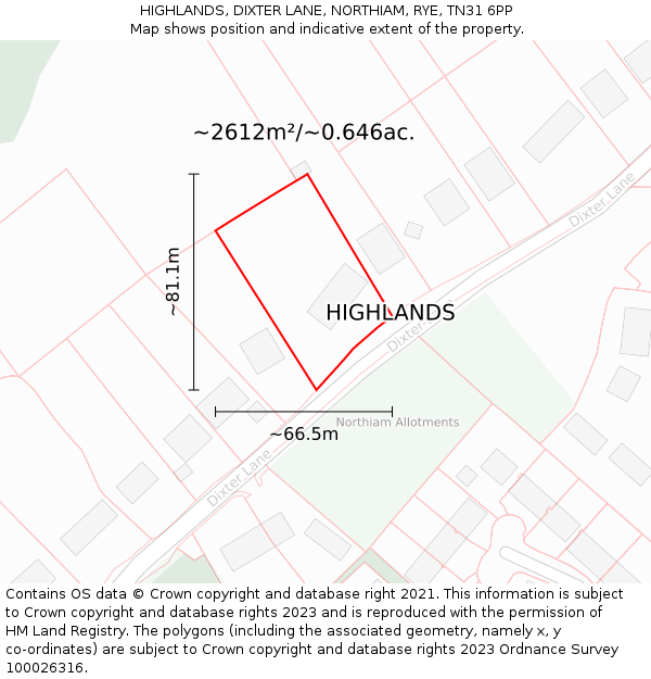 HIGHLANDS, DIXTER LANE, NORTHIAM, RYE, TN31 6PP: Plot and title map