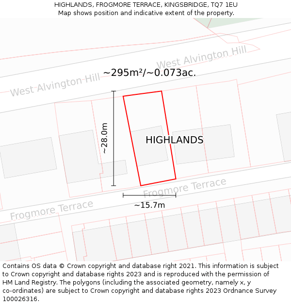 HIGHLANDS, FROGMORE TERRACE, KINGSBRIDGE, TQ7 1EU: Plot and title map