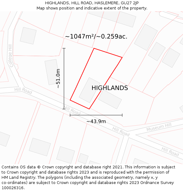 HIGHLANDS, HILL ROAD, HASLEMERE, GU27 2JP: Plot and title map