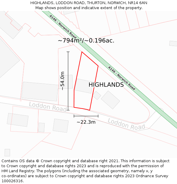 HIGHLANDS, LODDON ROAD, THURTON, NORWICH, NR14 6AN: Plot and title map