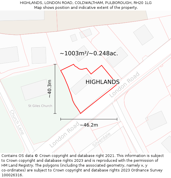 HIGHLANDS, LONDON ROAD, COLDWALTHAM, PULBOROUGH, RH20 1LG: Plot and title map