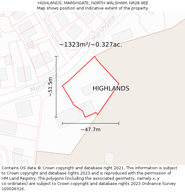 HIGHLANDS, MARSHGATE, NORTH WALSHAM, NR28 9EE: Plot and title map