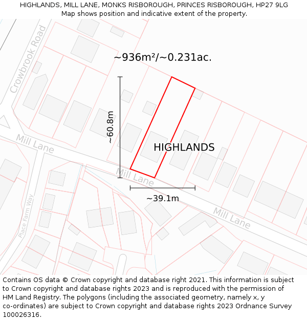 HIGHLANDS, MILL LANE, MONKS RISBOROUGH, PRINCES RISBOROUGH, HP27 9LG: Plot and title map