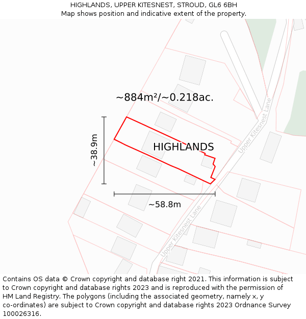 HIGHLANDS, UPPER KITESNEST, STROUD, GL6 6BH: Plot and title map