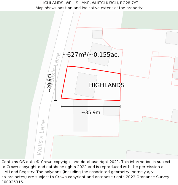HIGHLANDS, WELLS LANE, WHITCHURCH, RG28 7AT: Plot and title map