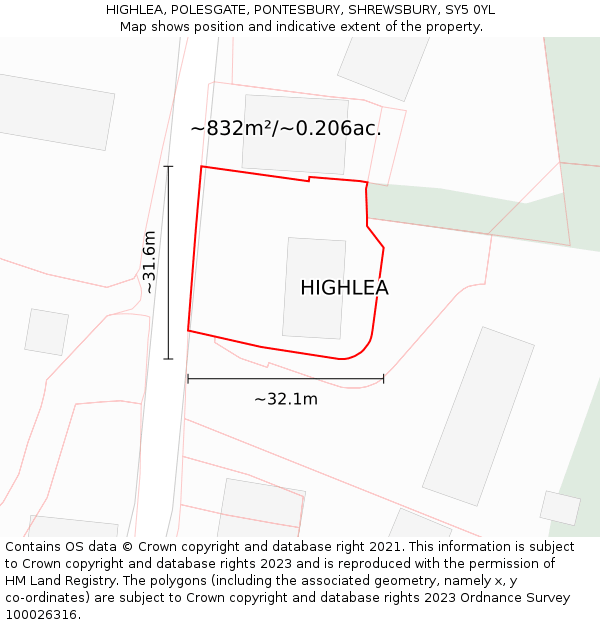 HIGHLEA, POLESGATE, PONTESBURY, SHREWSBURY, SY5 0YL: Plot and title map