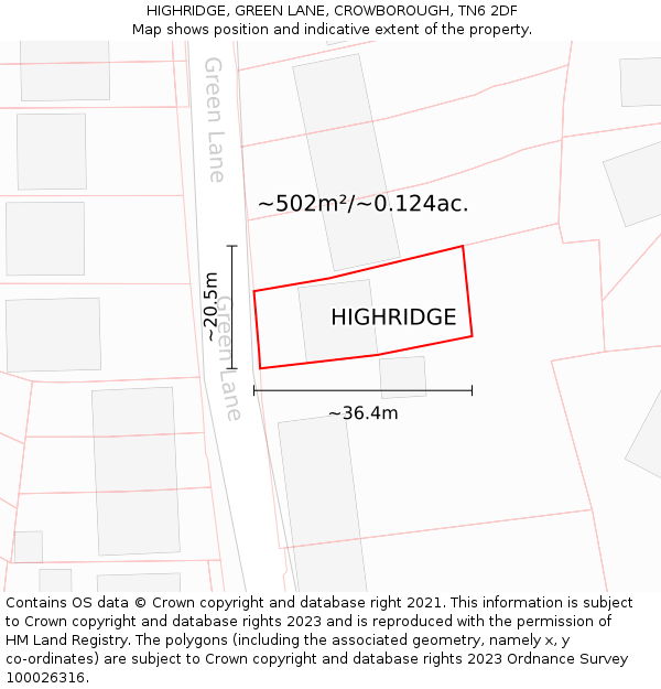 HIGHRIDGE, GREEN LANE, CROWBOROUGH, TN6 2DF: Plot and title map