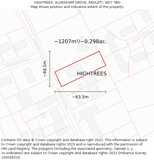 HIGHTREES, ALDENHAM GROVE, RADLETT, WD7 7BN: Plot and title map
