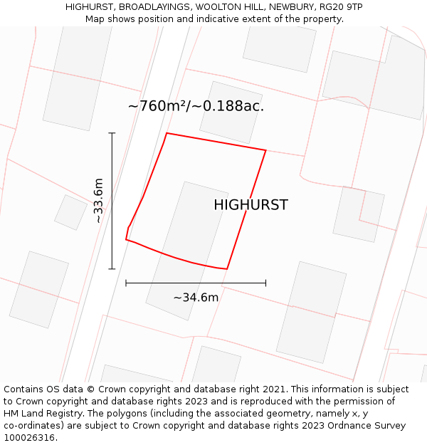 HIGHURST, BROADLAYINGS, WOOLTON HILL, NEWBURY, RG20 9TP: Plot and title map