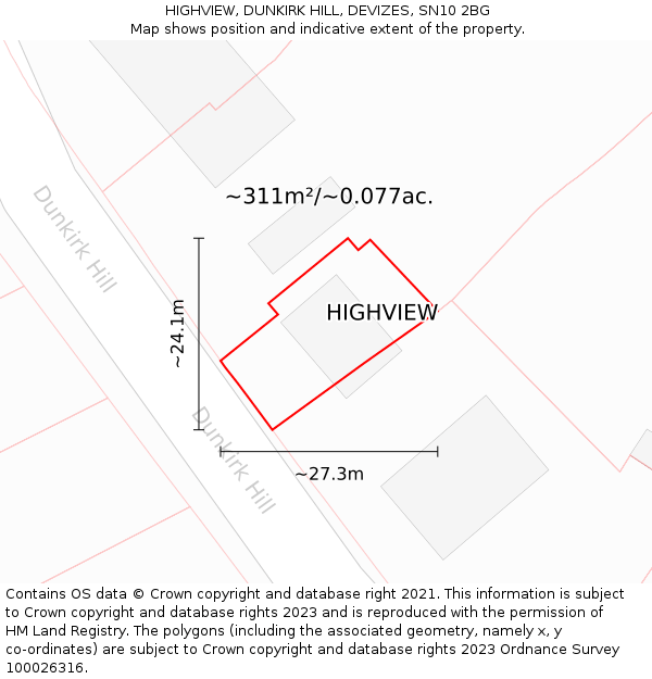 HIGHVIEW, DUNKIRK HILL, DEVIZES, SN10 2BG: Plot and title map